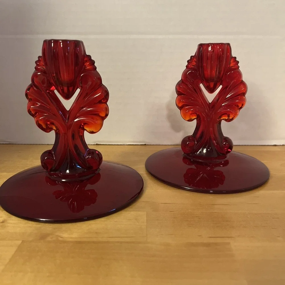 NEW MARTINSVILLE GLASS RUBY RED CANDLESTICK HOLDERS DEPRESSION GLASS SET OF 2